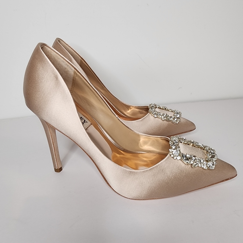 Badgley Mischka Champagne Satin Pointed Toe Crystal Buckle Pumps